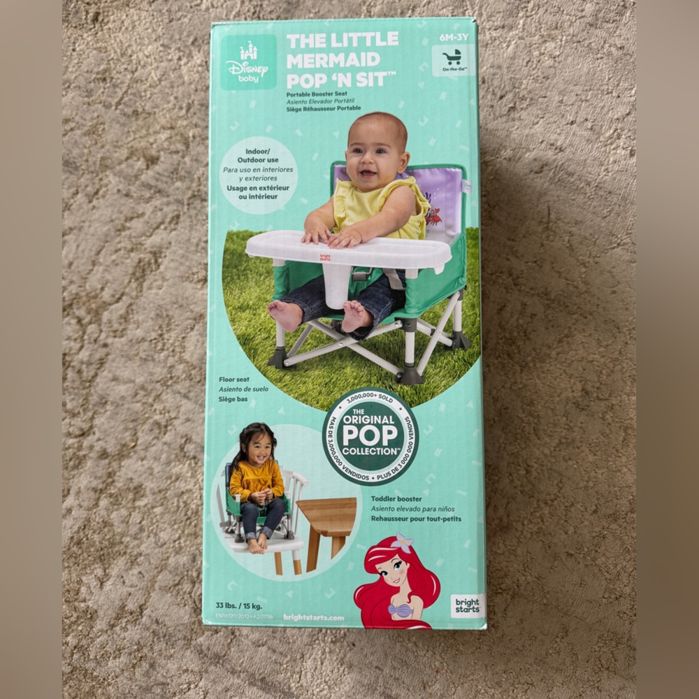 Bright Starts Disney Princess Ariel Pop 'N Sit Portable Booster, Indoor Outdoor